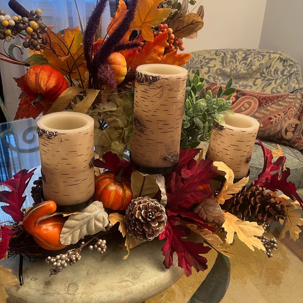 Pumpkin Fall Foliage Centerpiece Candleholder Gourdes Pinecones Thanksgiving